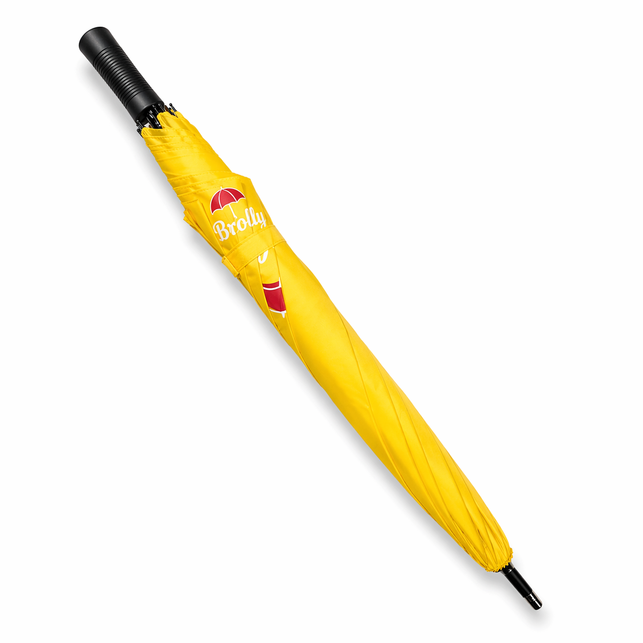 Yellow umbrella with a black handle on a white background