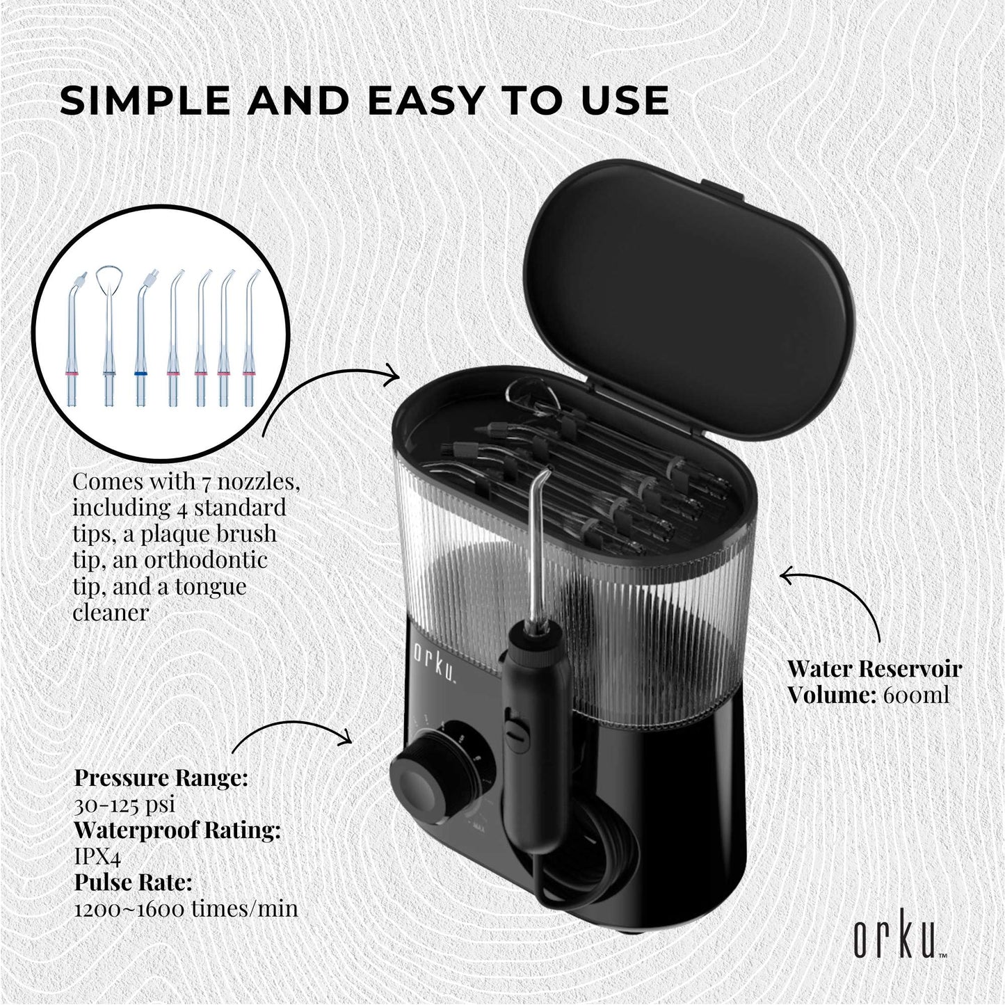 Orku - Water Jet Dental Flosser 600ml Black Electric Oral Pressure Tooth Irrigator