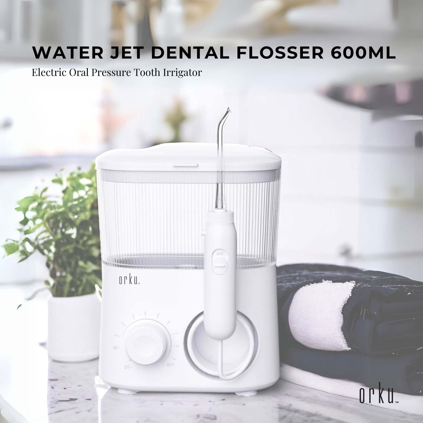 Orku - Water Jet Dental Flosser 600ml White Electric Oral Pressure Tooth Irrigator