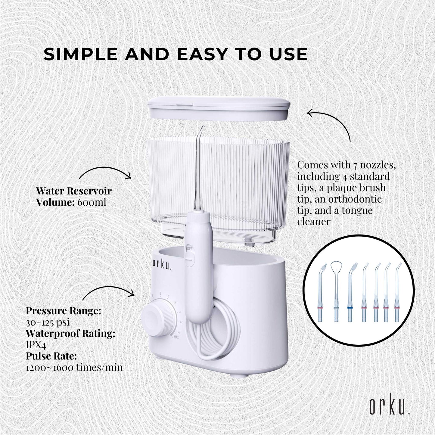 Orku - Water Jet Dental Flosser 600ml White Electric Oral Pressure Tooth Irrigator